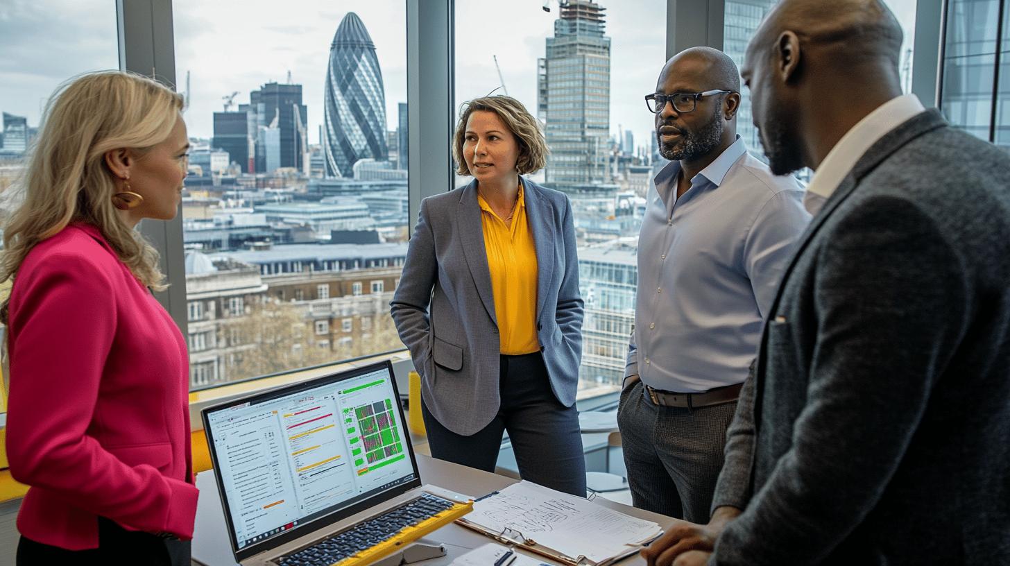 Professional business team analyzing data in London office with Gherkin skyscraper in background, discussing spreadsheet on laptop with city skyline visible