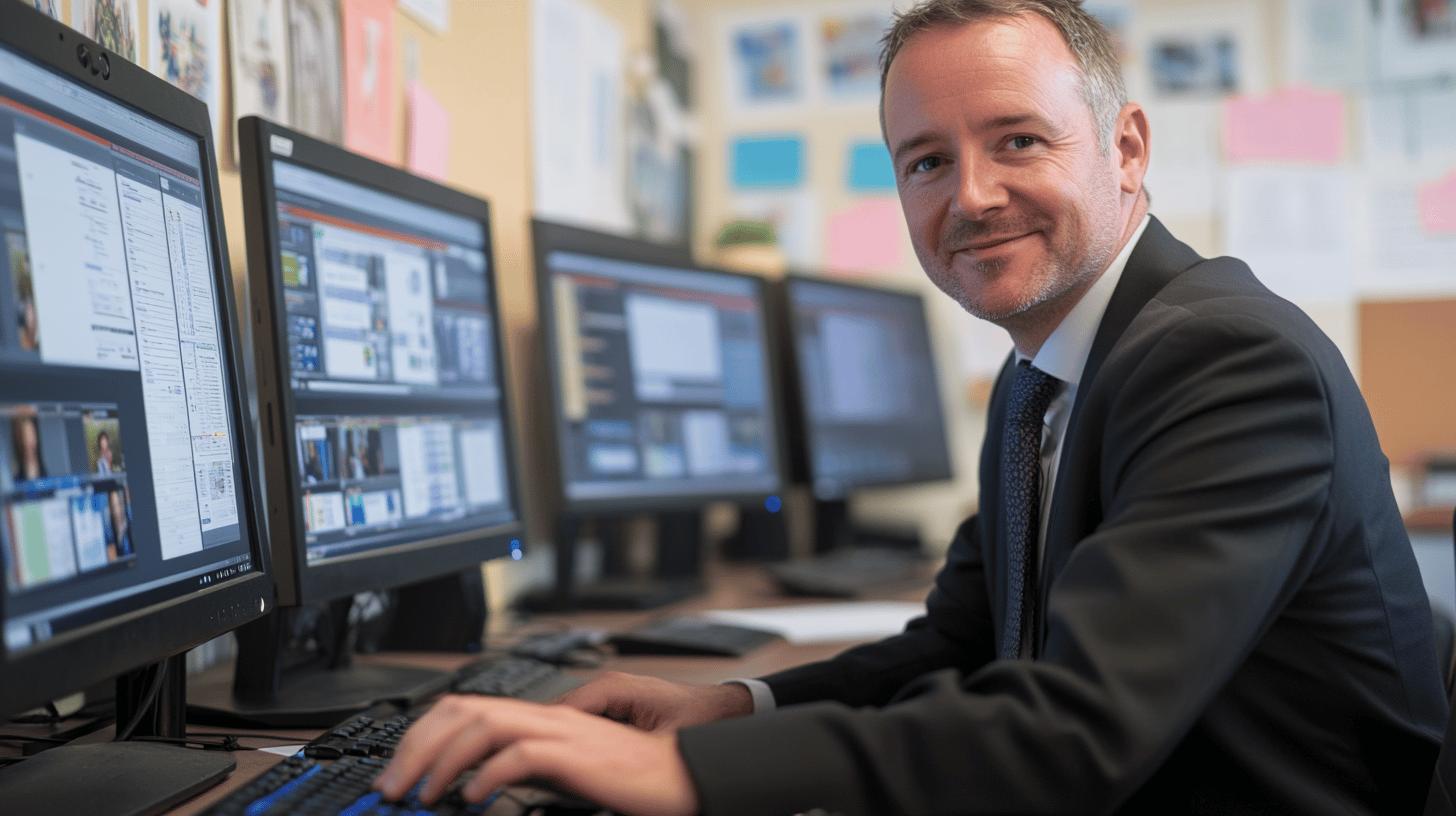 Professional businessman working on multiple computer monitors in an office environment, wearing a dark suit and tie with a friendly smile