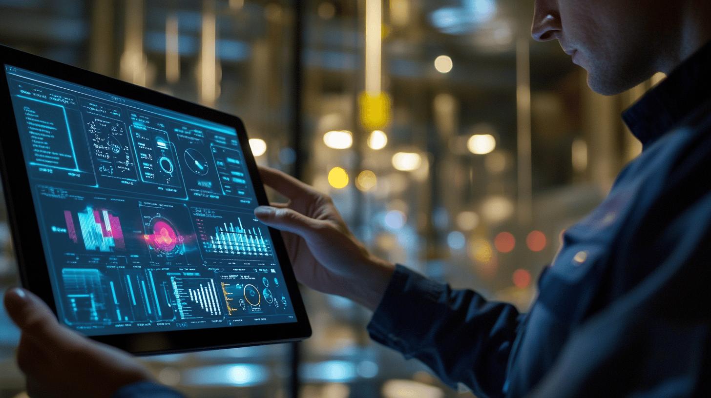 high-tech digital dashboard displaying data analytics and business intelligence on a tablet screen with futuristic interface, showcasing interactive graphs and charts in a modern office environment