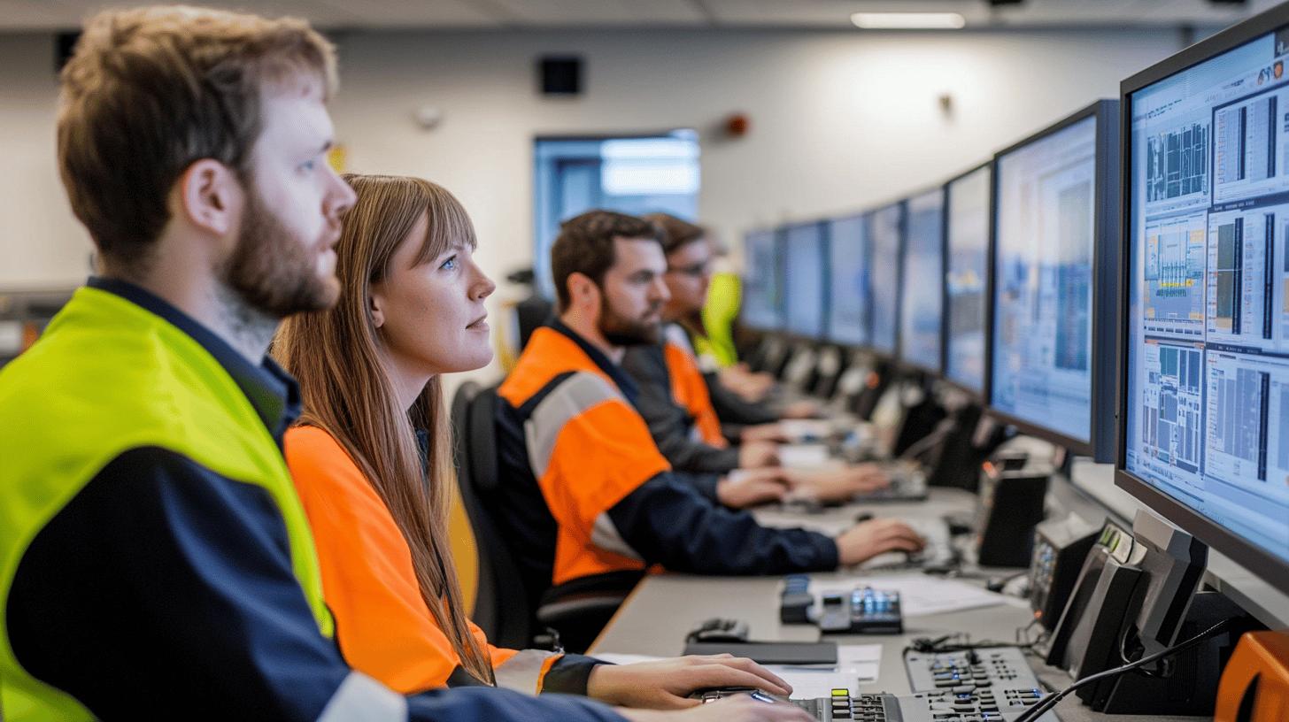 Industrial control room workers in high-visibility safety vests monitoring technical screens and operating computer systems in a professional engineering environment