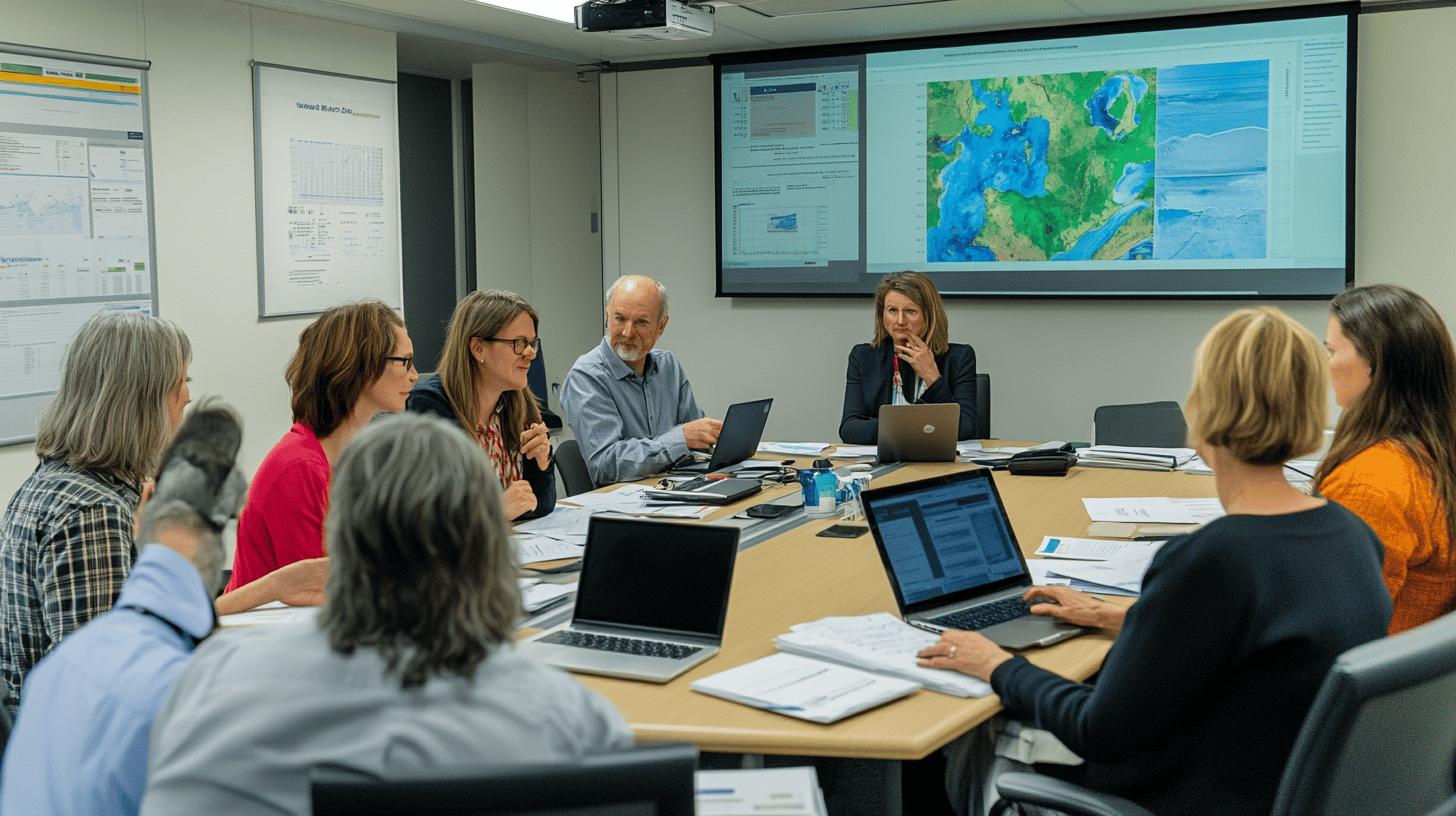 Professional team analyzing geographic data and climate maps during a collaborative meeting, with multiple laptops and large projection screen displaying blue and green topographical visualizations