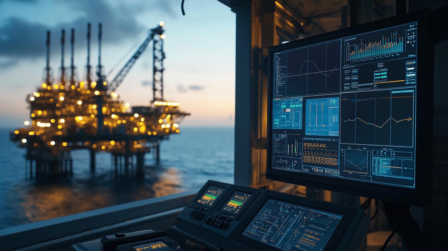 Offshore oil platform control room with digital monitoring screens displaying complex data analytics, with illuminated drilling platform visible through window at sunset