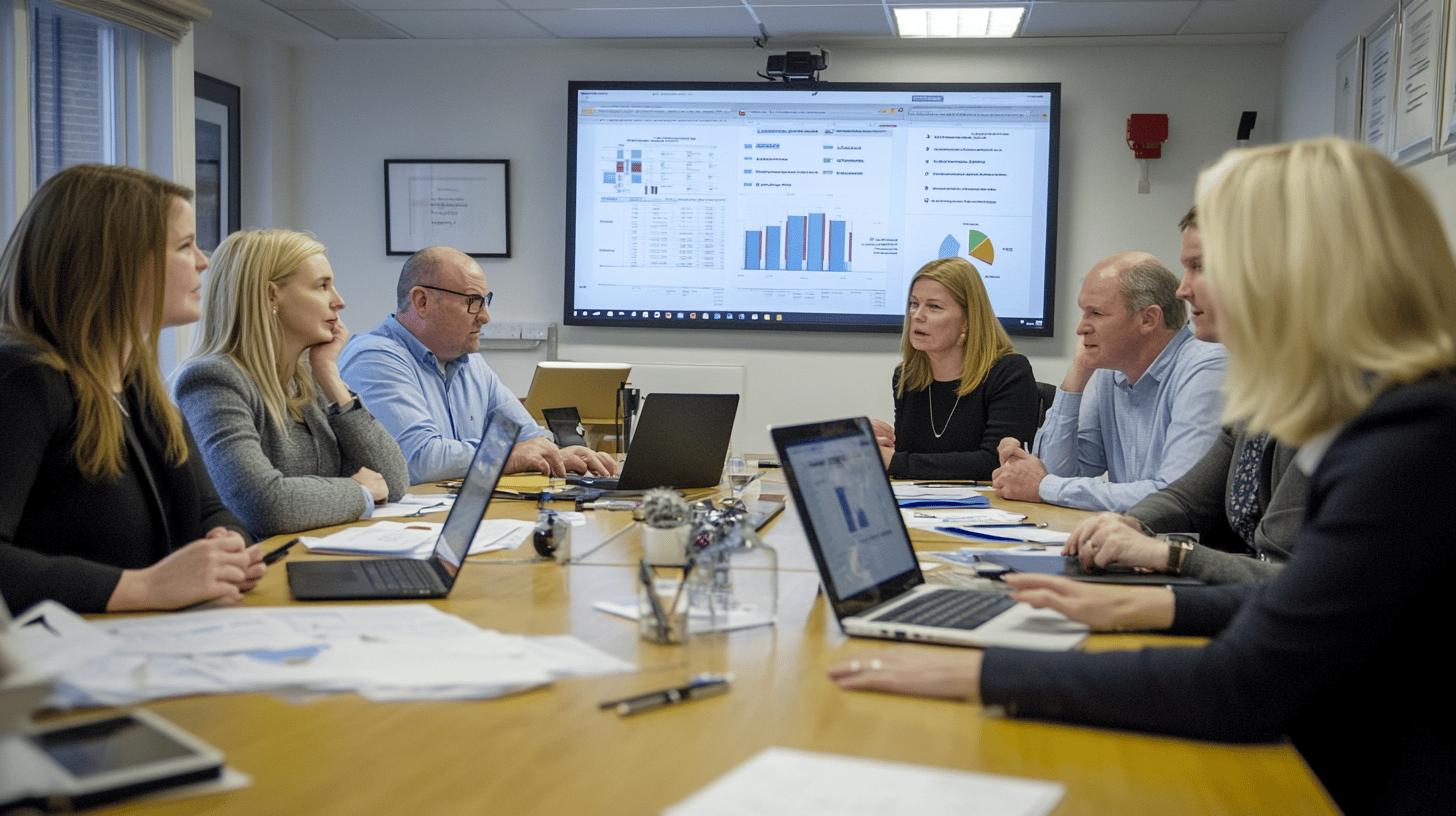 Business team analyzing data charts during meeting with laptops and large screen display of graphs and analytics in modern conference room