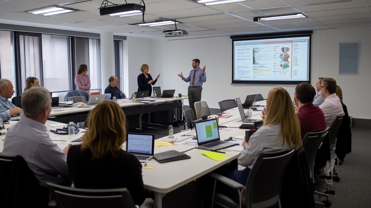 professional business team analyzing data in conference room meeting with projector screen showing analytics dashboard