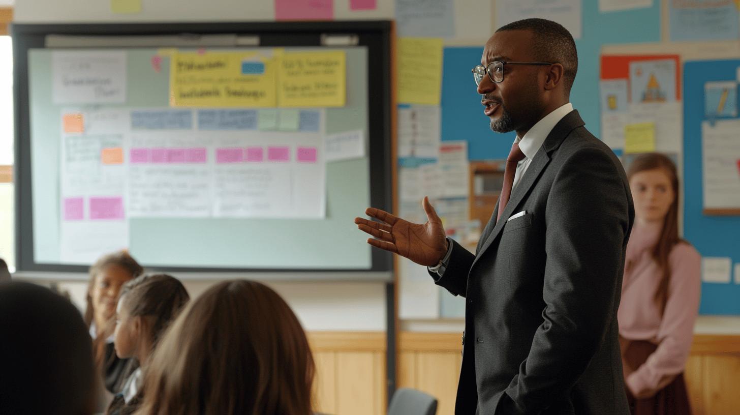 Professional Black male educator in suit and glasses presenting to students in classroom with whiteboard and colorful bulletin boards