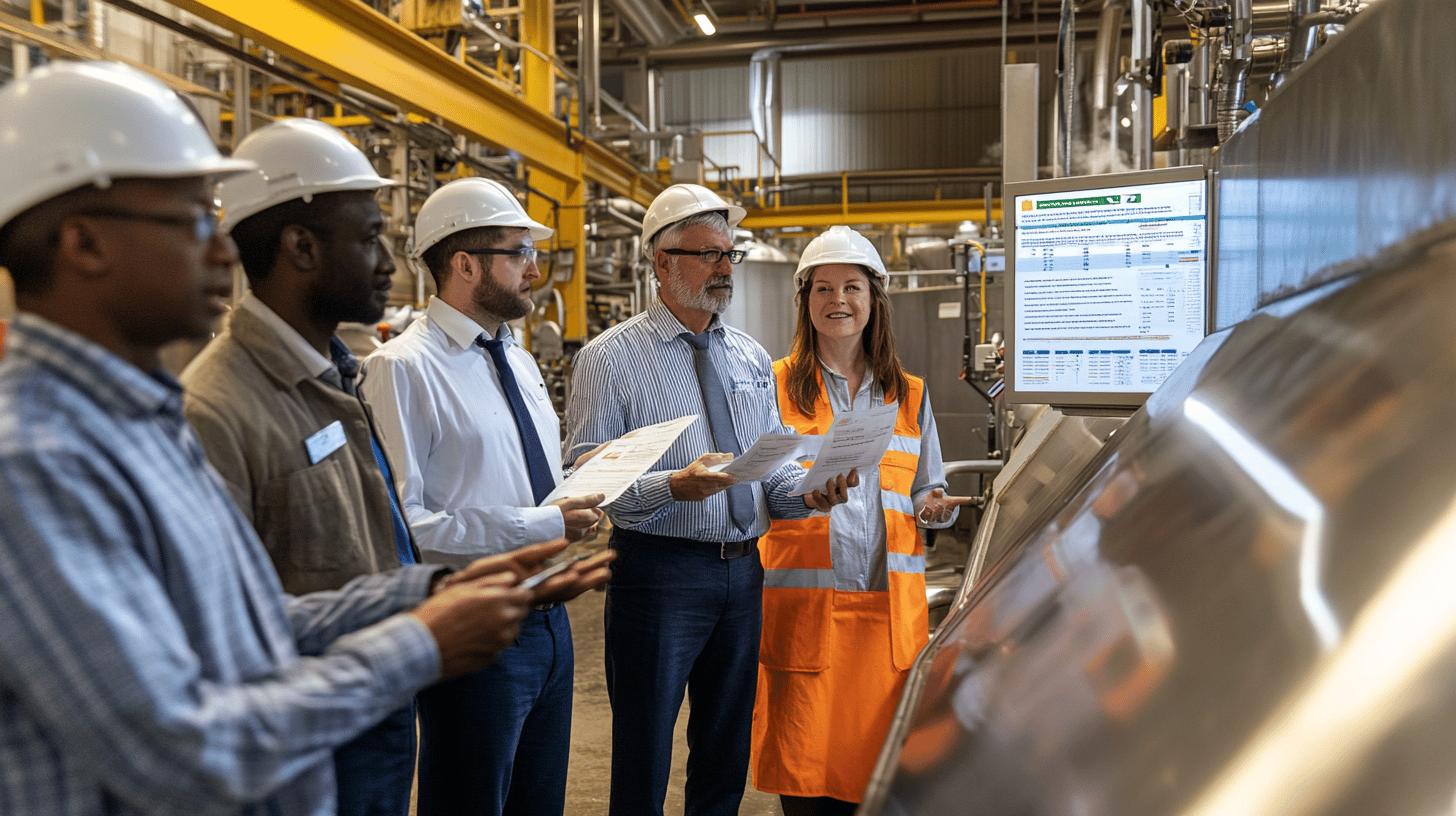 Industrial workers in safety helmets and high-visibility vests reviewing documents during factory meeting, with machinery and yellow overhead crane in background