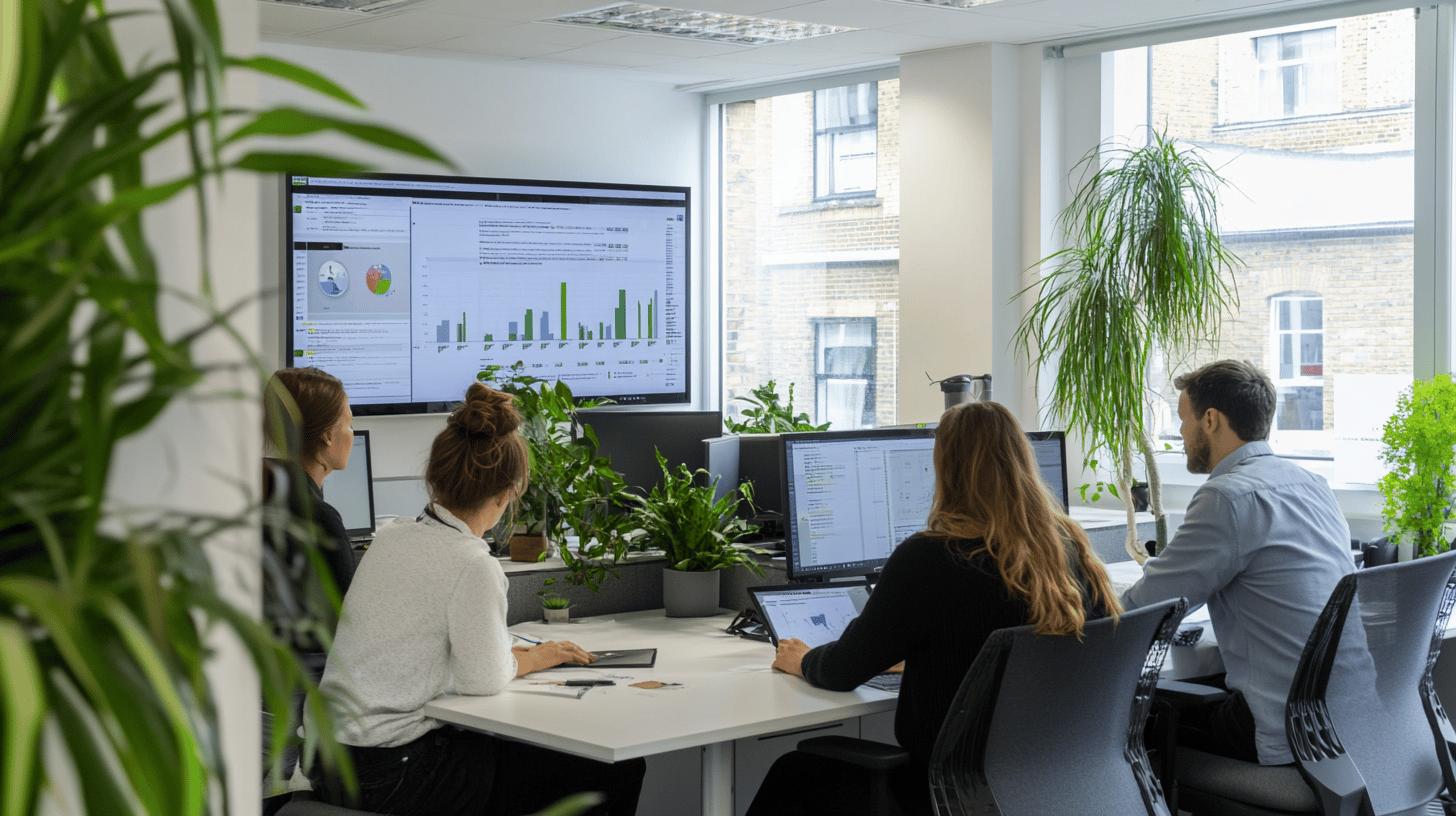 Green office workspace with data analysts reviewing performance graphs on large monitor, multiple employees collaborating at shared desk with computer workstations and indoor plants