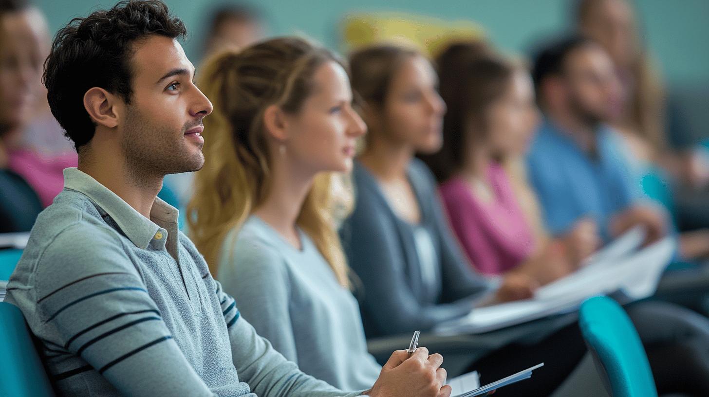 Adult learners in classroom during professional training seminar, attentive participants in business casual clothing seated in teal-colored lecture room, focused on presenter