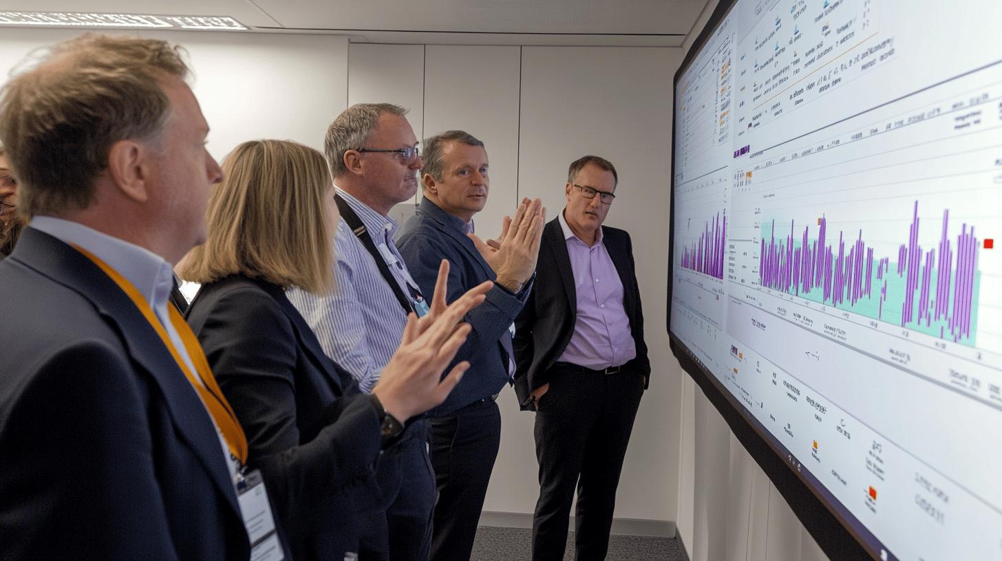 Business professionals analyzing data visualization with purple bar graphs on large screen in modern office meeting room