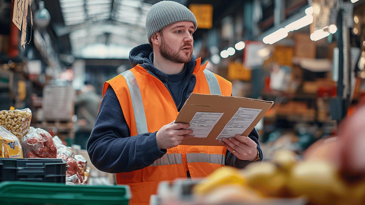 Warehouse worker in orange safety vest checking inventory documents, wearing gray beanie, reviewing shipping paperwork among food storage containers and packaged goods in industrial storage facility