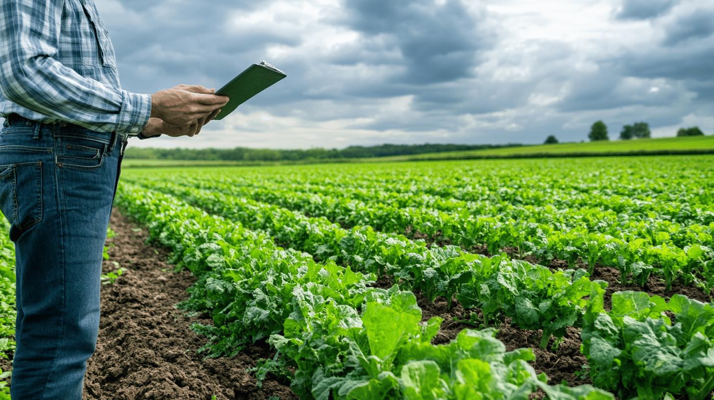 Farmer in plaid shirt inspecting green crop field with digital tablet, under cloudy sky with lush agricultural landscape in background