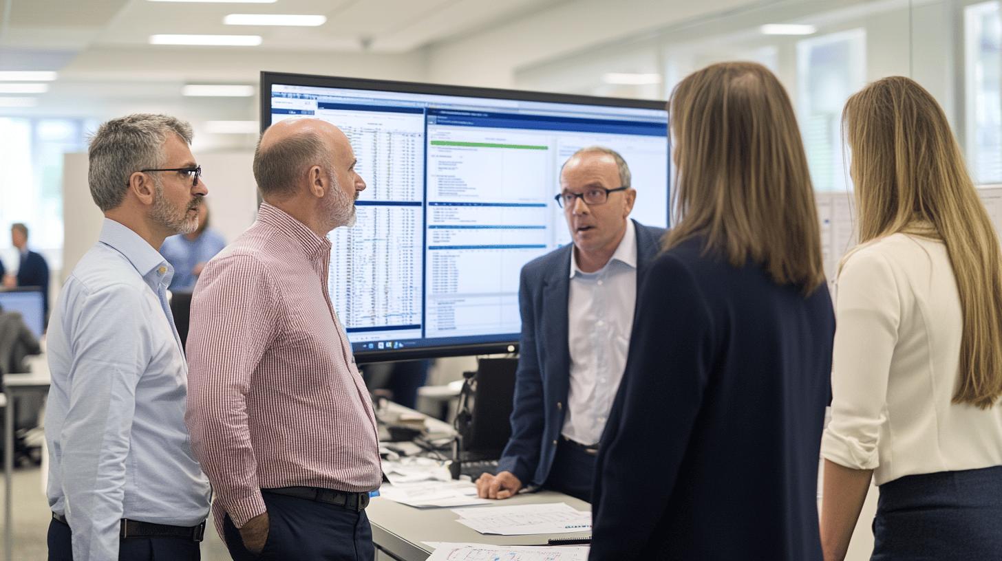 Professional business team analyzing data on computer monitor in modern office workspace with financial spreadsheets and collaborative discussion