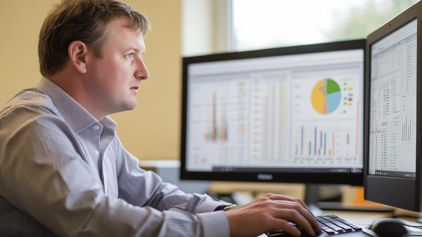 Professional analyzing business data visualization on computer screen with pie chart and bar graphs in office setting