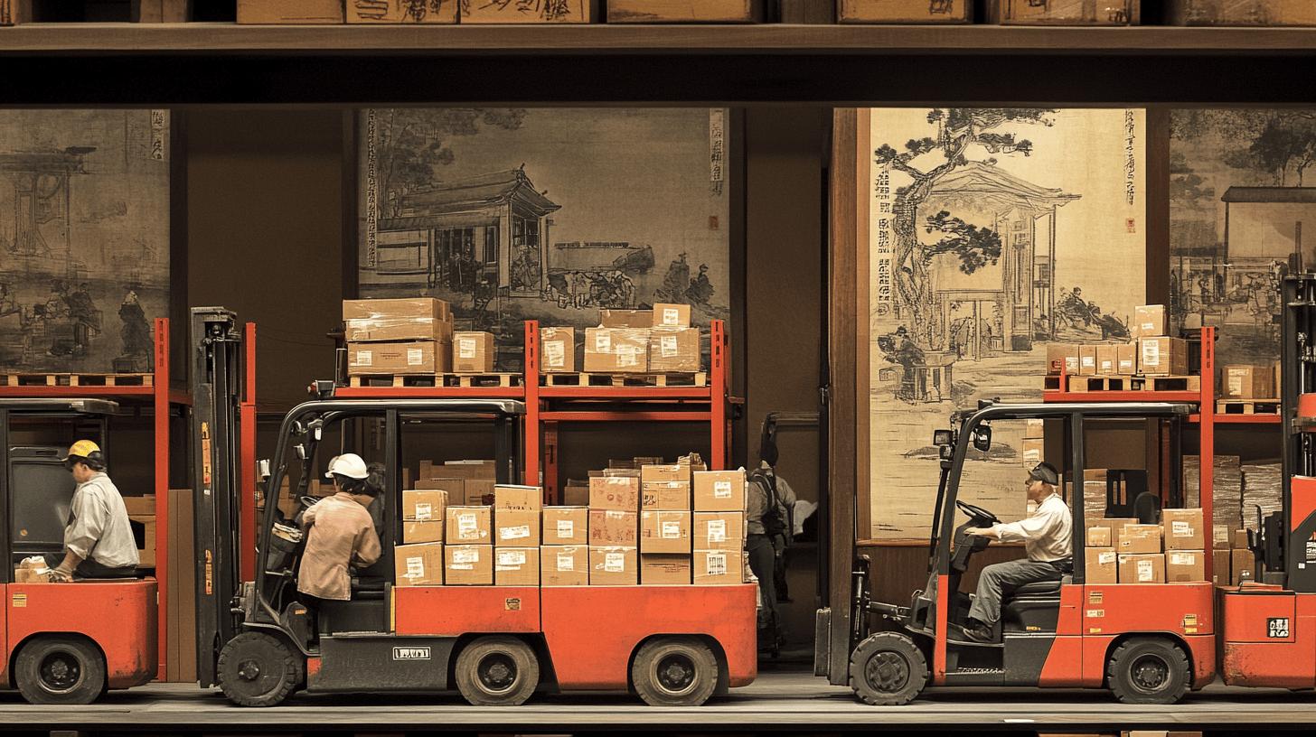 Vintage Japanese warehouse scene with red forklifts moving cardboard boxes, traditional Japanese artwork in background showing historic street scenes, warehouse workers operating material handling equipment amid sepia-toned historical illustrations