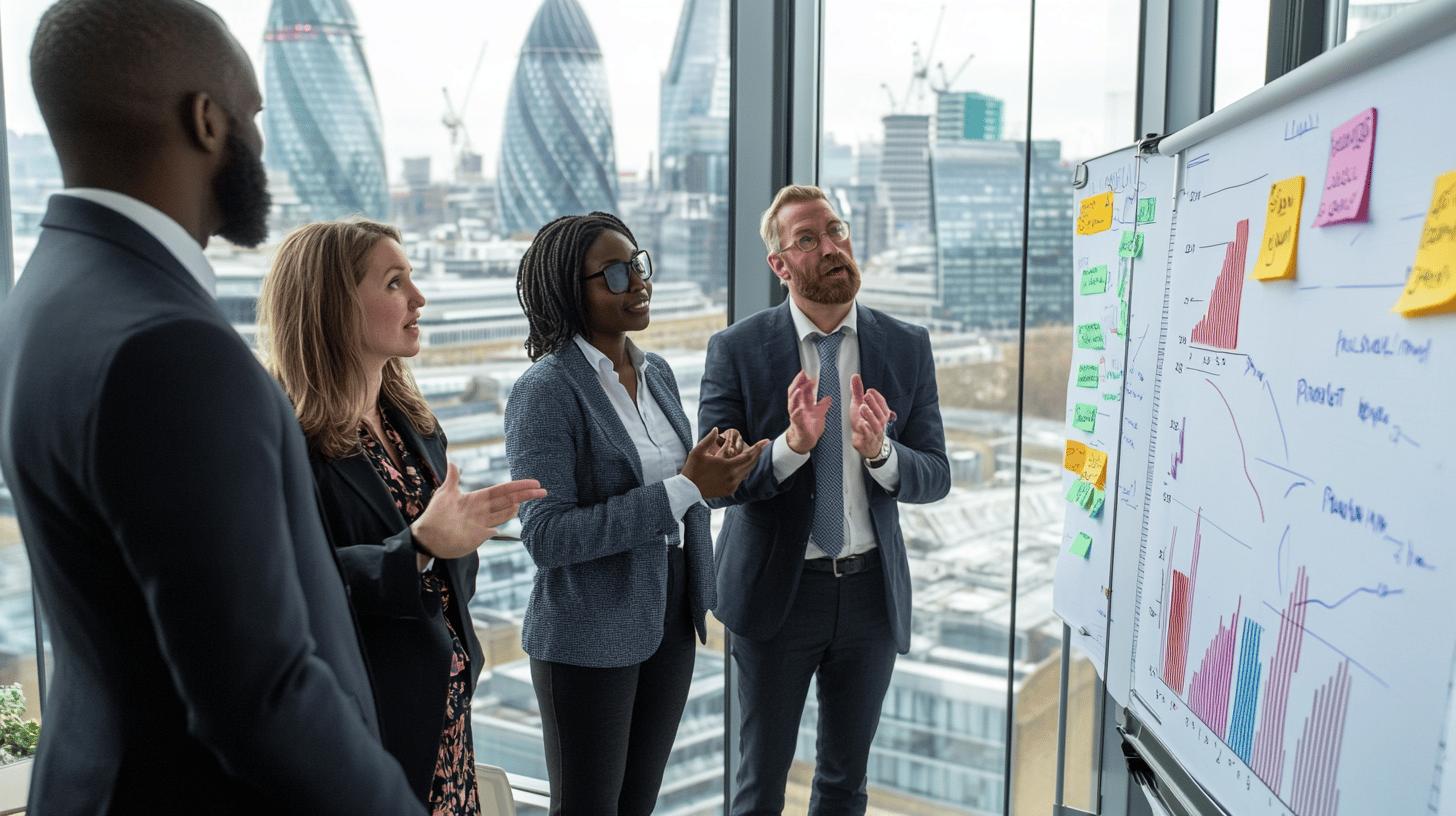 Diverse business team analyzing data charts in modern London office with Gherkin skyscraper in background, discussing project strategy with graphs and sticky notes