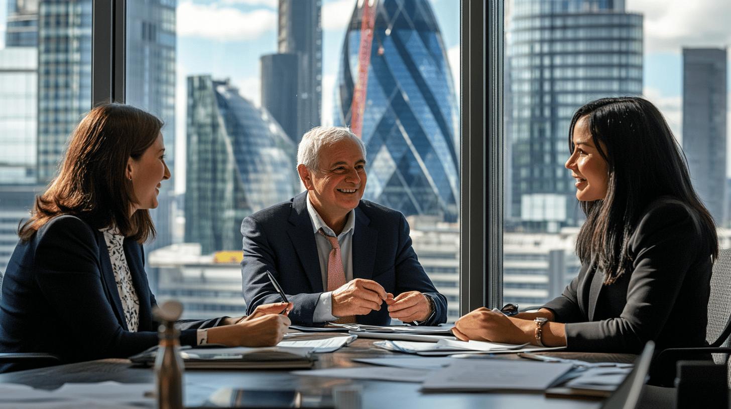 Professional business meeting in modern London office with Gherkin skyscraper in background, three colleagues collaborating with smiles and paperwork on conference table