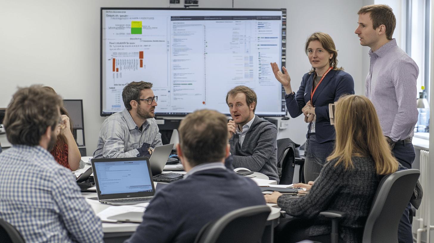 Professional business team collaborating during data analysis meeting with dashboard display and shared laptop workspace