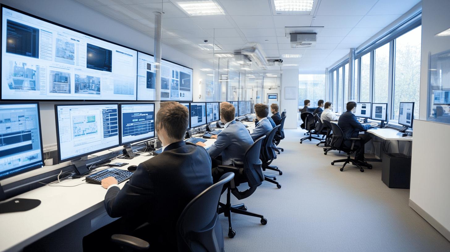 Modern control room with multiple workstations, large display screens, and professionals monitoring complex systems in a high-tech, open-plan environment with large windows