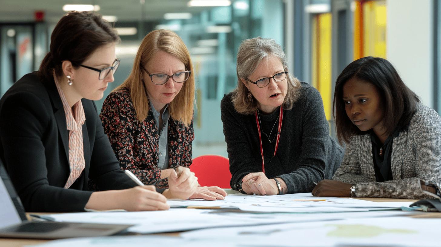 Diverse professional women collaborating in office meeting, reviewing documents together with focused expressions, representing teamwork and workplace collaboration