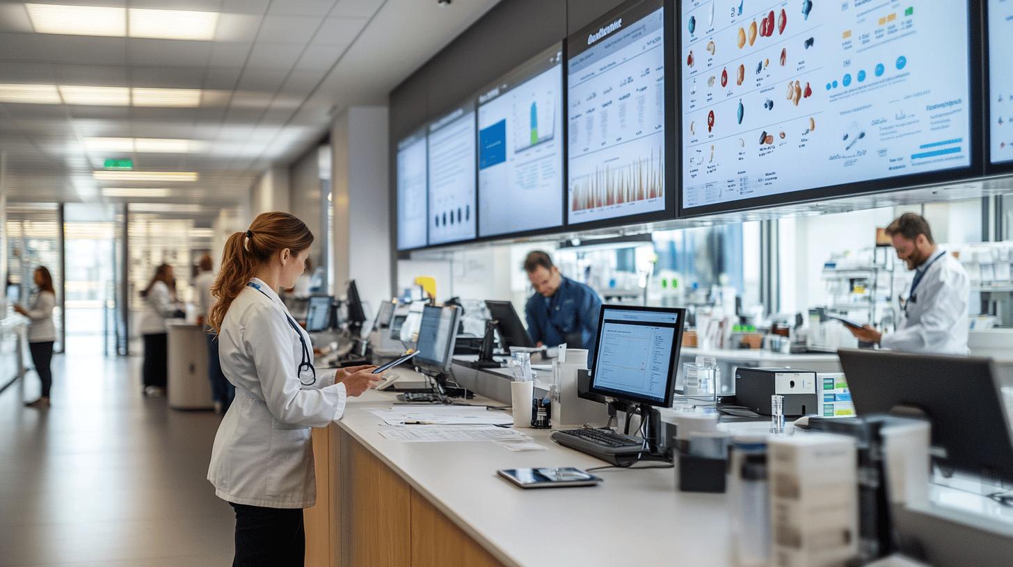 Modern medical research laboratory with data analysts reviewing scientific information on multiple computer screens, featuring healthcare professionals working collaboratively in a high-tech clinical environment with advanced data visualization displays