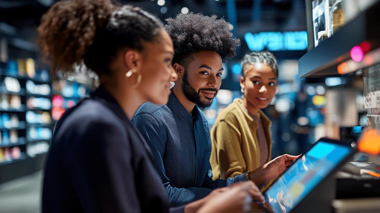 Black professionals collaborating on digital touchscreen in modern technology workspace, diverse team working together with digital interface and store shelving in background