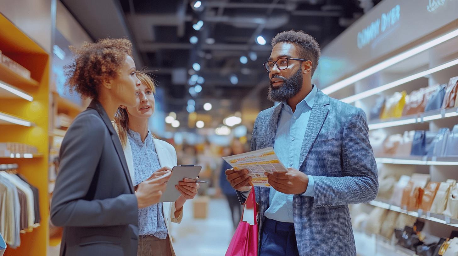 Professional colleagues discussing business in a retail store, with stylish individuals reviewing documents and using a tablet in a modern, well-lit shopping environment