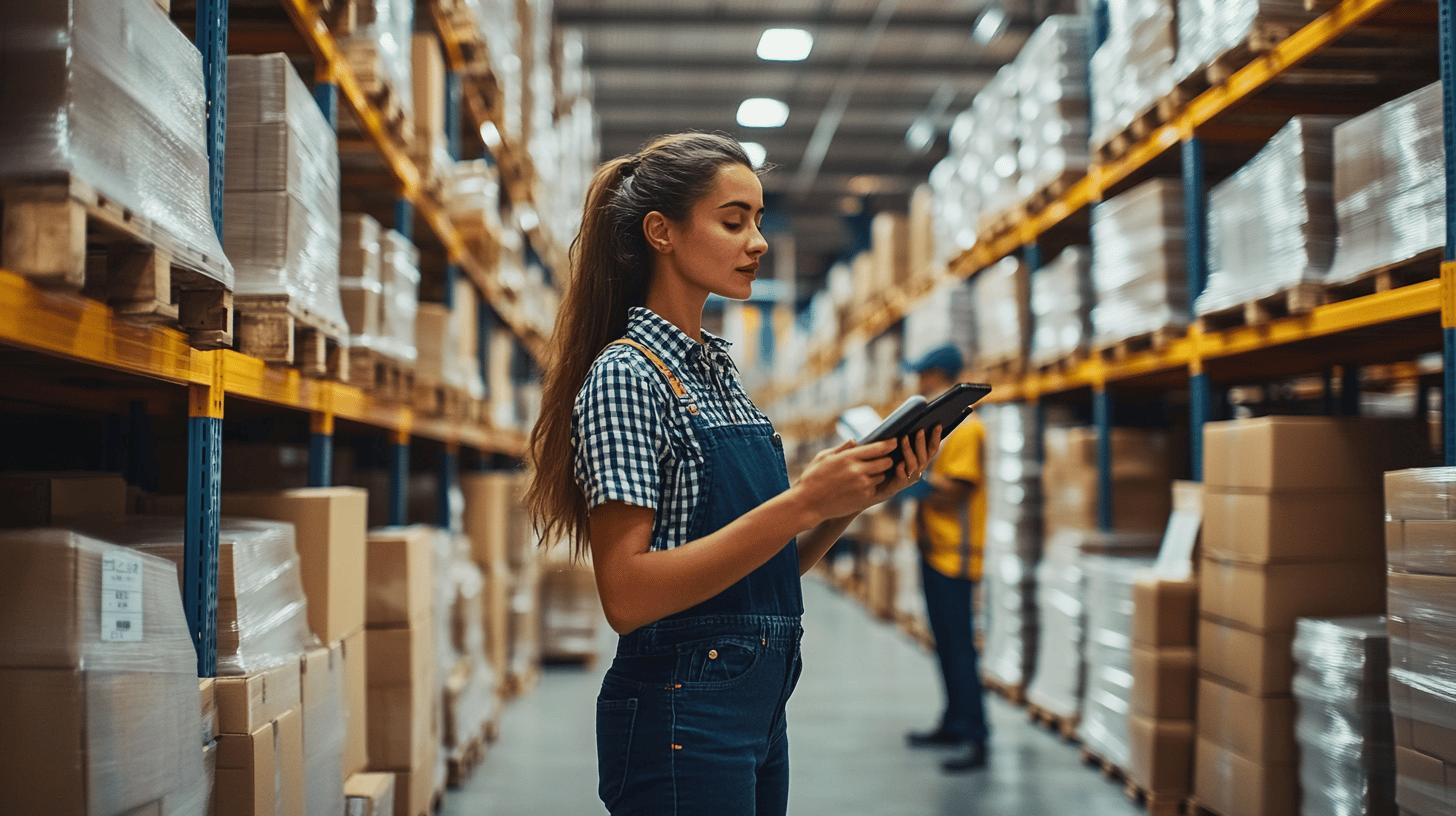 Warehouse worker in checkered shirt and denim overalls using tablet for inventory management among stacked cardboard boxes and industrial shelving