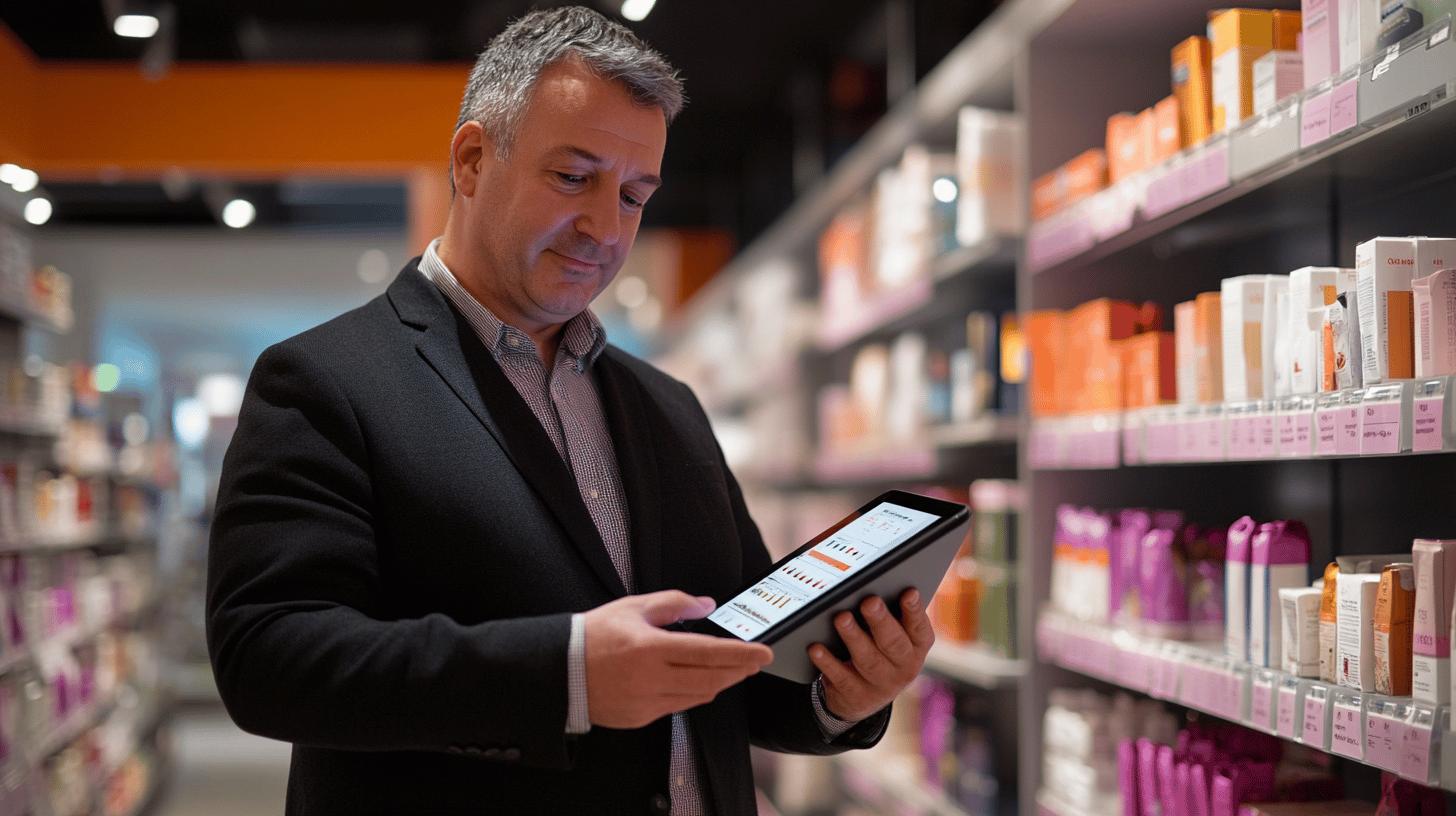 Professional reviewing retail analytics on tablet in pharmacy product aisle, examining inventory data with focused expression