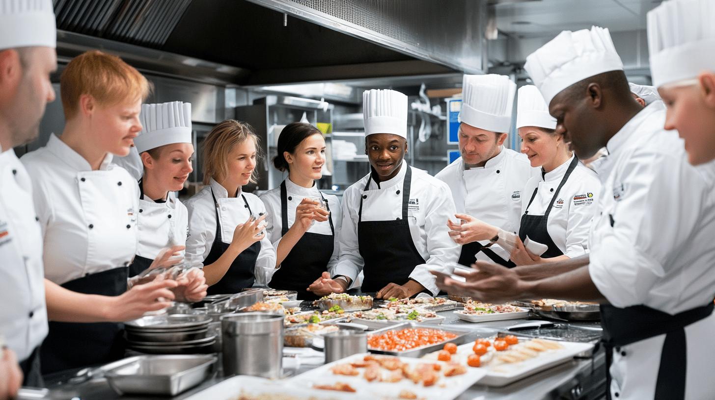 Professional chefs collaborating in modern commercial kitchen, preparing gourmet dishes with fresh ingredients and teamwork
