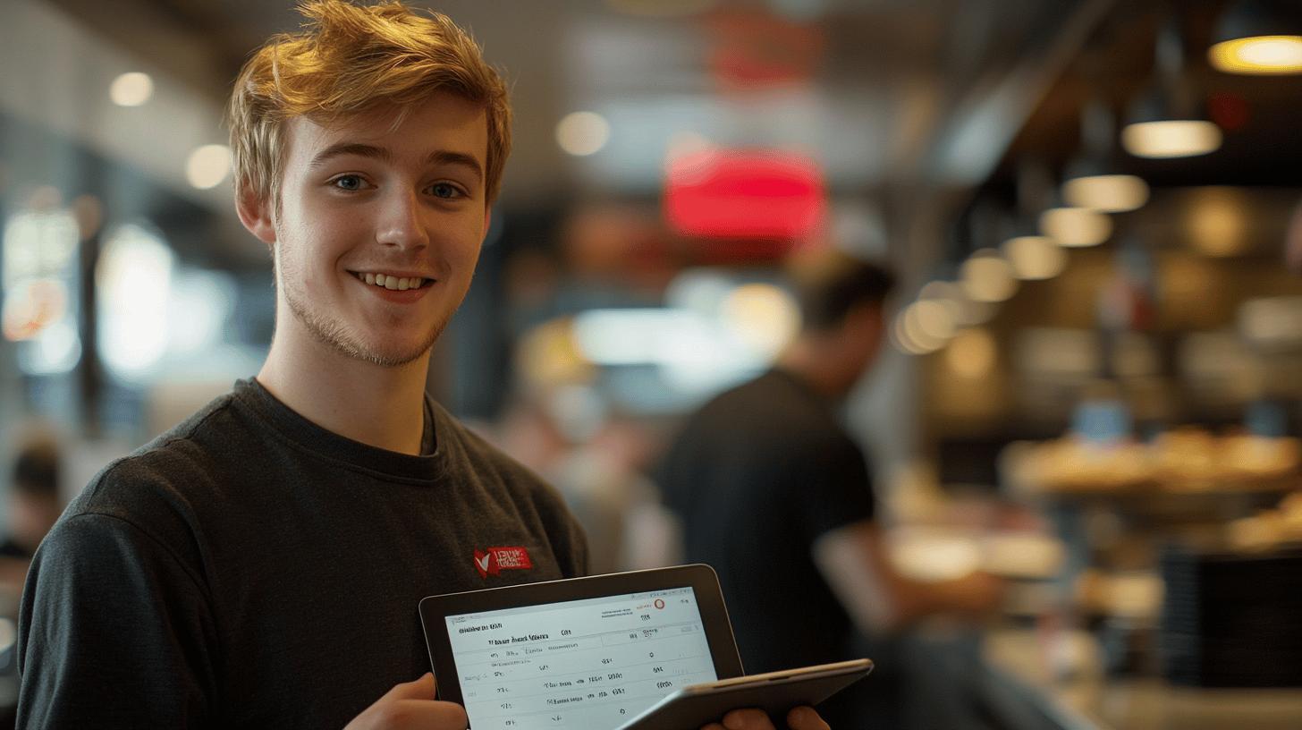 Young restaurant worker in black shirt smiling while holding digital tablet in cafe with blurred background, showcasing modern workplace technology and customer service