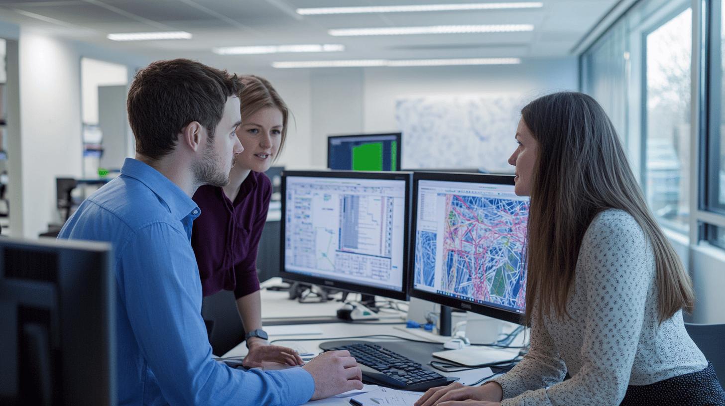 Professional team analyzing geospatial data visualization on computer monitors in modern tech office workspace
