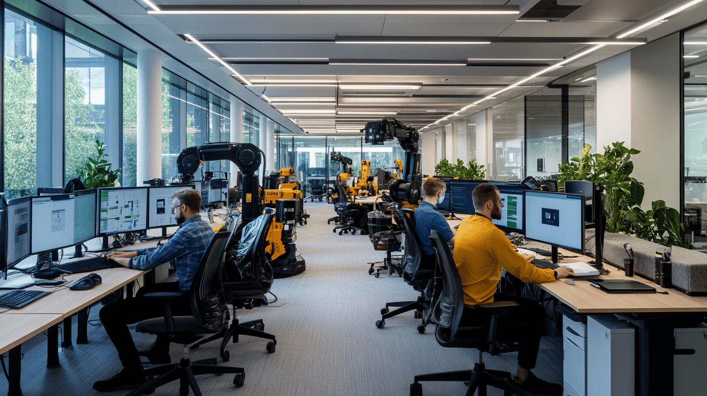 Modern robotics engineering workspace with industrial robotic arms, yellow safety machines, and engineers working at computer workstations in a bright, glass-walled office with green plants
