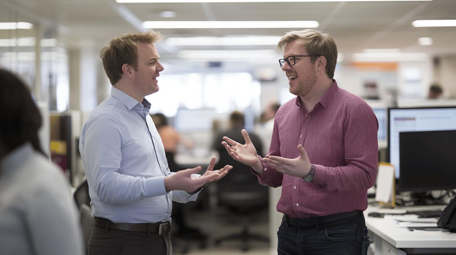 Two colleagues in business casual attire engaging in an animated conversation in a bright, modern office workspace with computers and other employees in the background