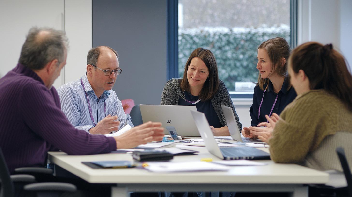 Professional team collaborating in office meeting with laptops and documents, discussing work in bright conference room with winter landscape outside window