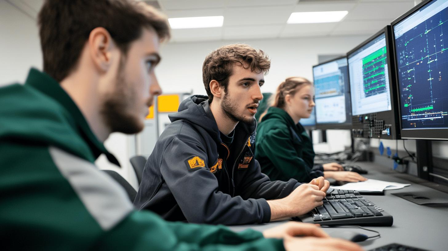 Control room technicians analyzing data on multiple computer monitors in a high-tech monitoring environment, wearing dark and green technical uniforms while focused on digital screens with complex graphical interfaces