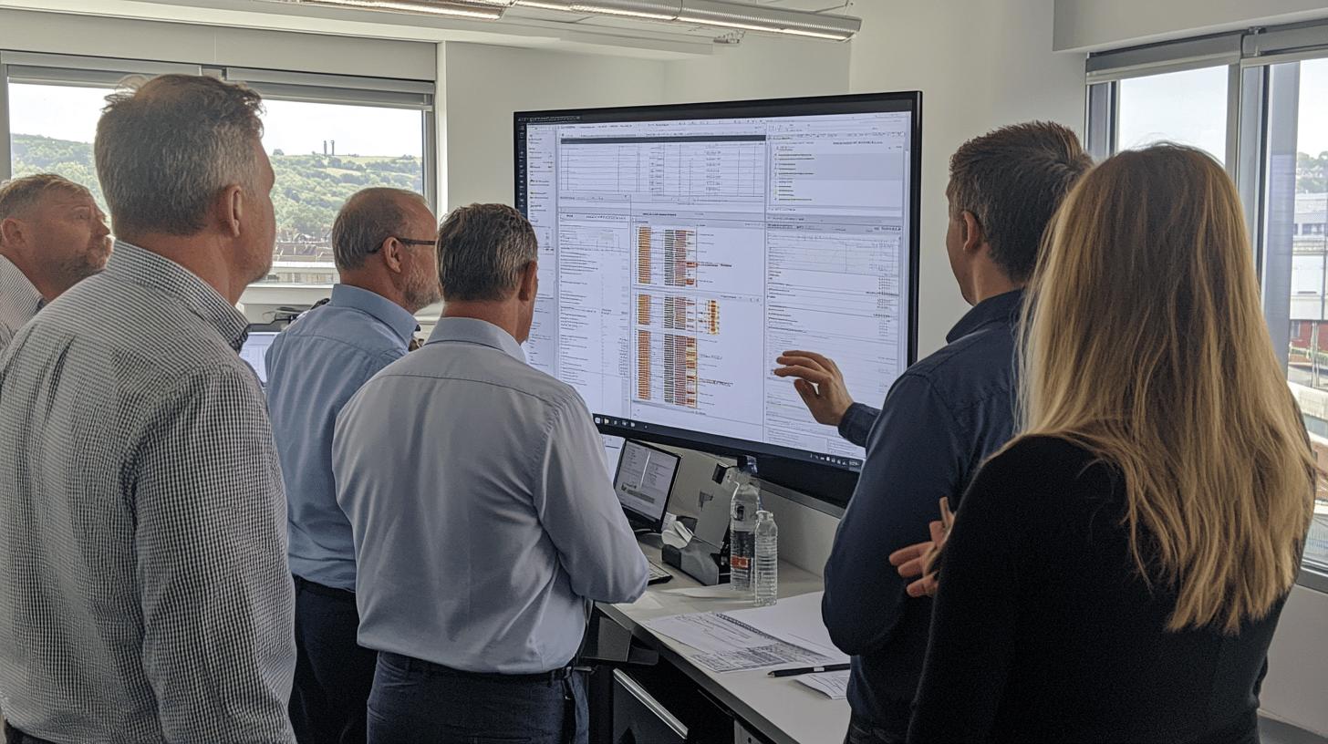Business team analyzing data on large screen display in modern office with scenic view