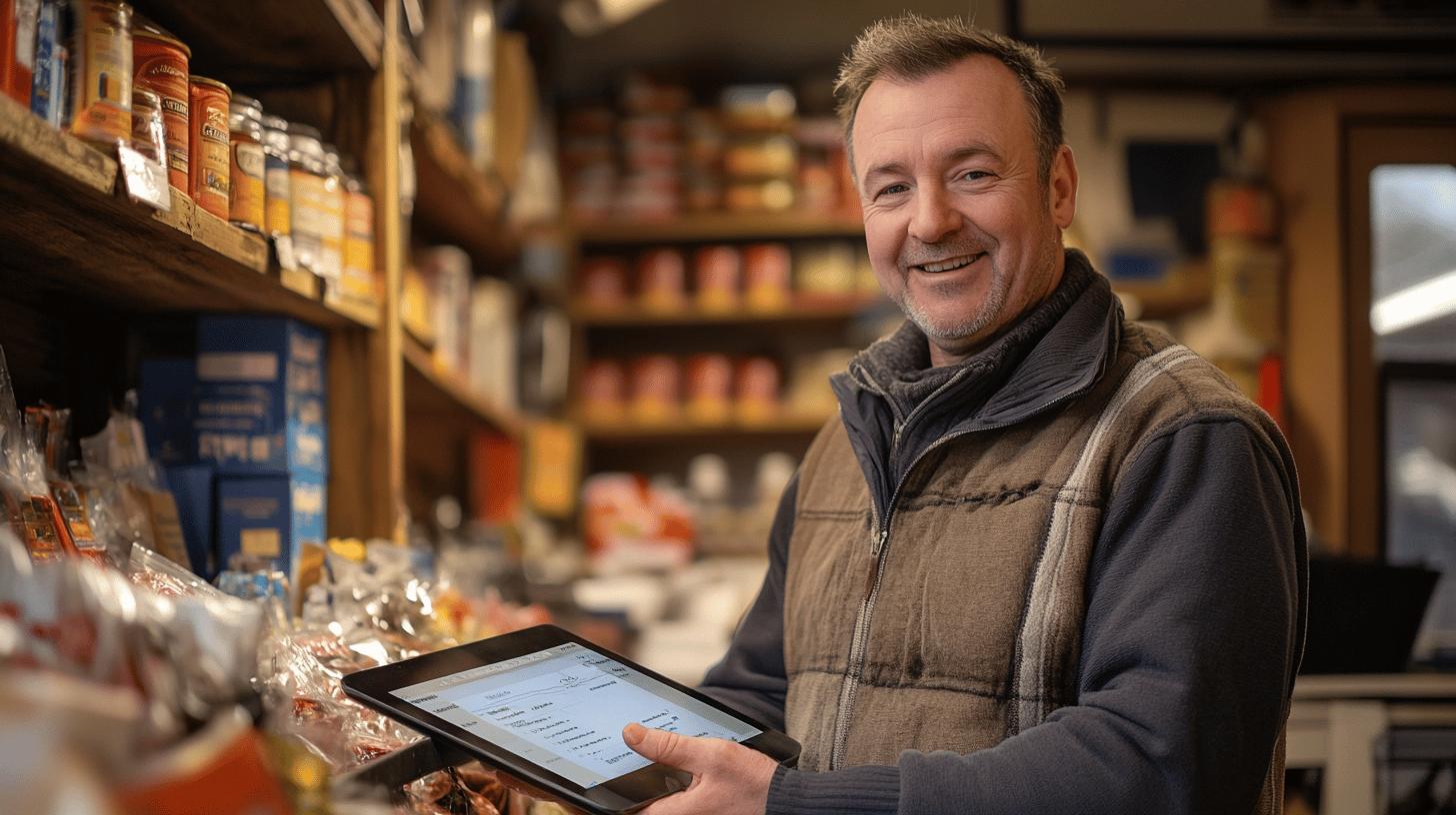 Small business owner using digital tablet for inventory management in well-stocked pantry store, smiling confidently while checking product details on screen