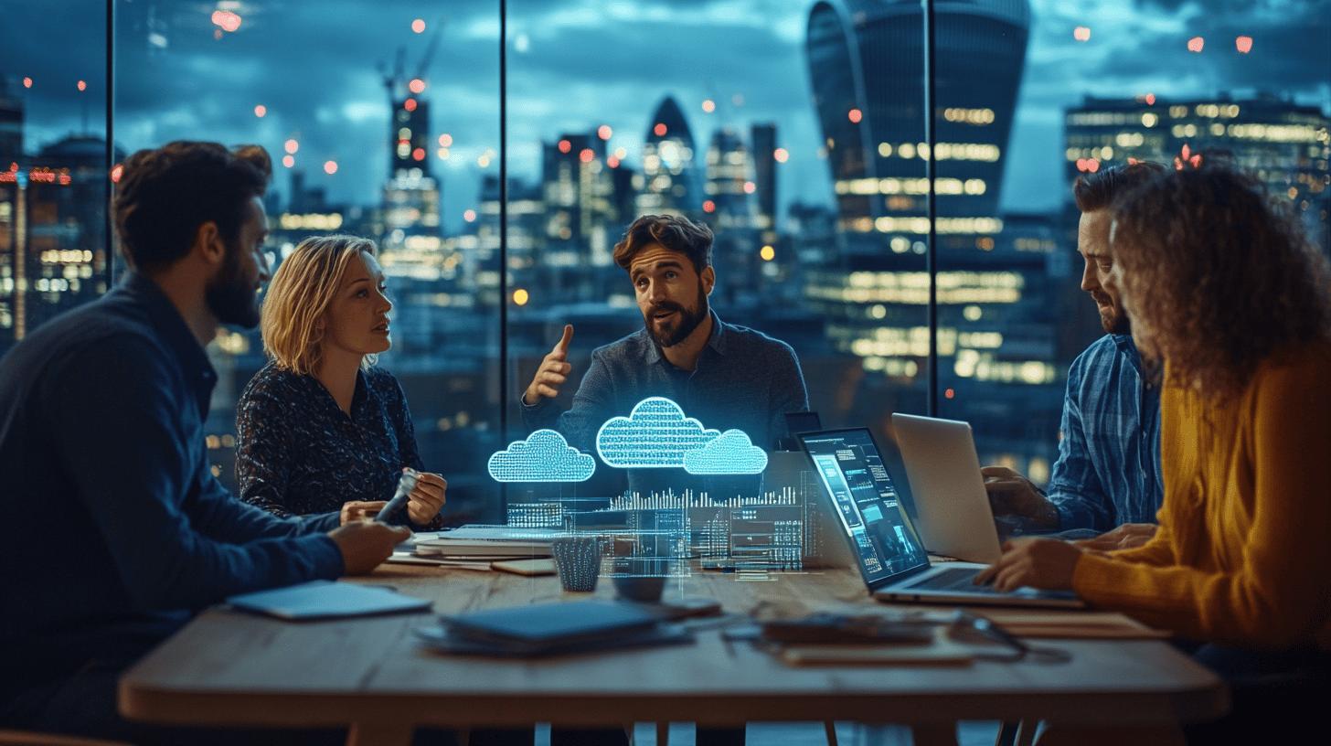 Cloud computing professionals collaborating in modern office with digital cloud hologram projection, London skyline at night in background