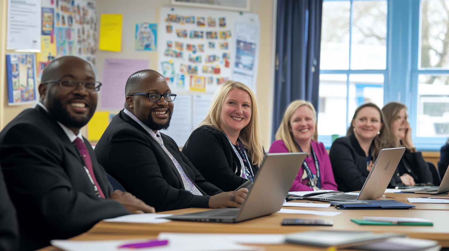 Diverse group of professionals in black suits and professional attire smiling during meeting in classroom with colorful bulletin boards and laptops, representing collaborative workplace environment