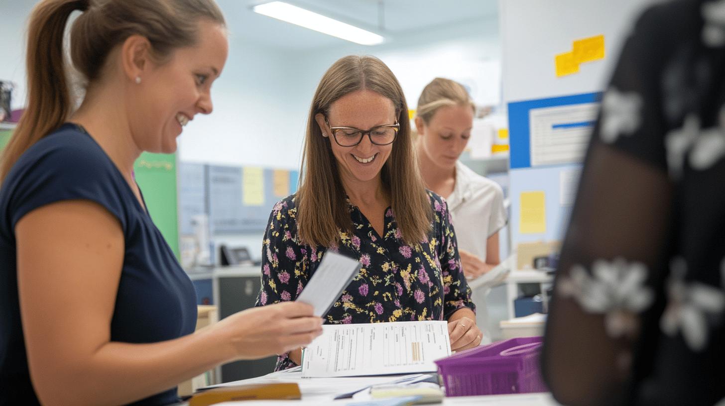 Professional women collaborating in an office environment, reviewing documents with smiling expressions and engaged teamwork