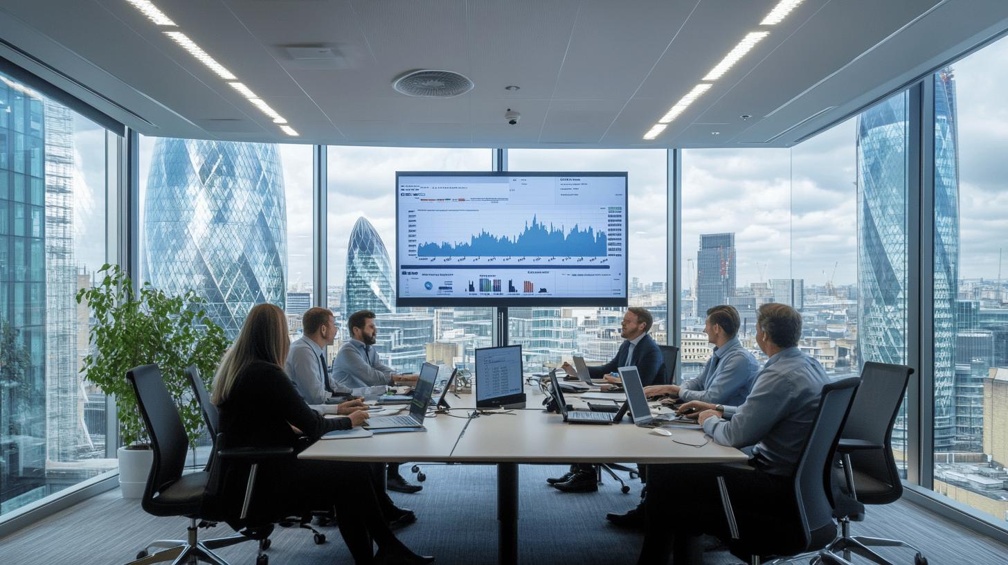 Professional business meeting in modern London office with data analytics dashboard, overlooking iconic financial district skyline including Gherkin building, with team analyzing performance graphs