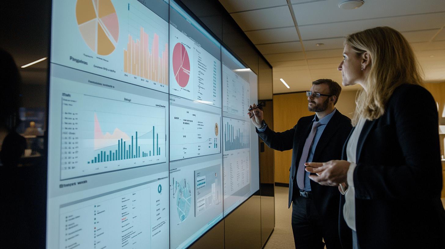 Business professionals analyzing data visualizations on large interactive display screens in modern corporate office setting, showcasing business intelligence and analytics dashboard with pie charts, bar graphs, and statistical reports