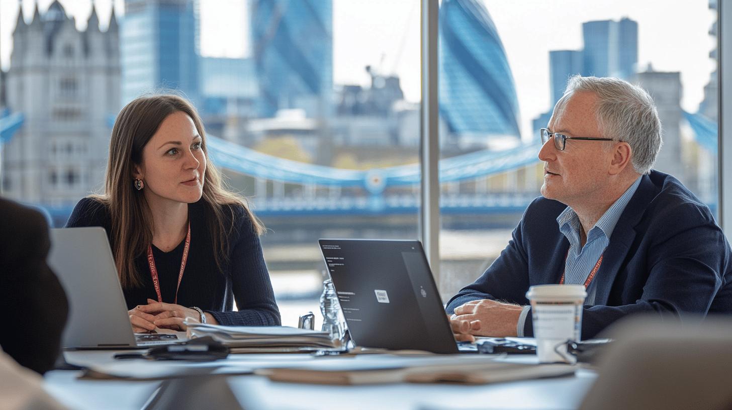 Professional business meeting in modern office with London skyline and Tower Bridge in background, featuring two colleagues discussing work on laptops at conference table, demonstrating corporate collaboration and workplace interaction
