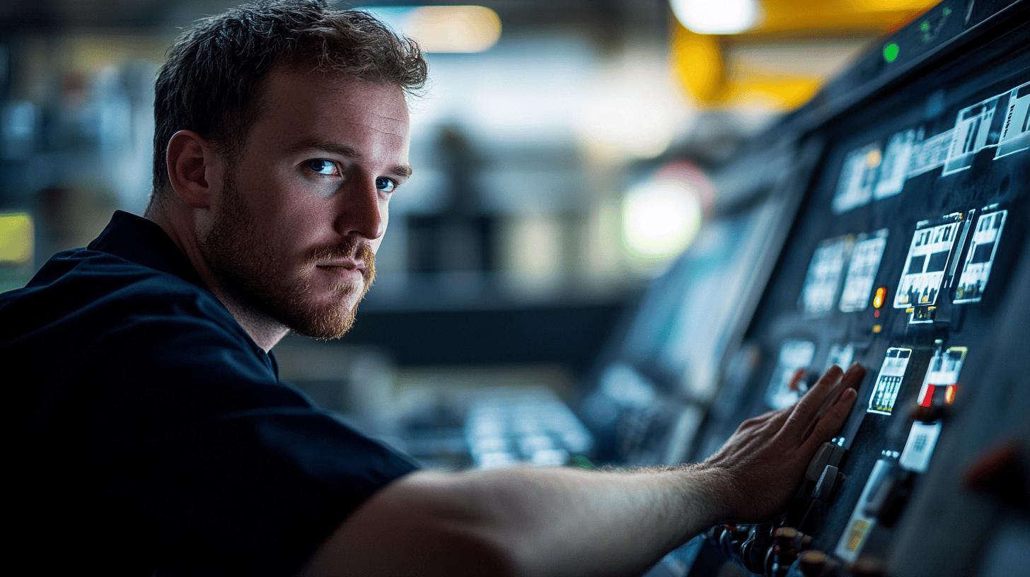 Professional aircraft pilot operating complex flight controls with focused concentration in aircraft cockpit