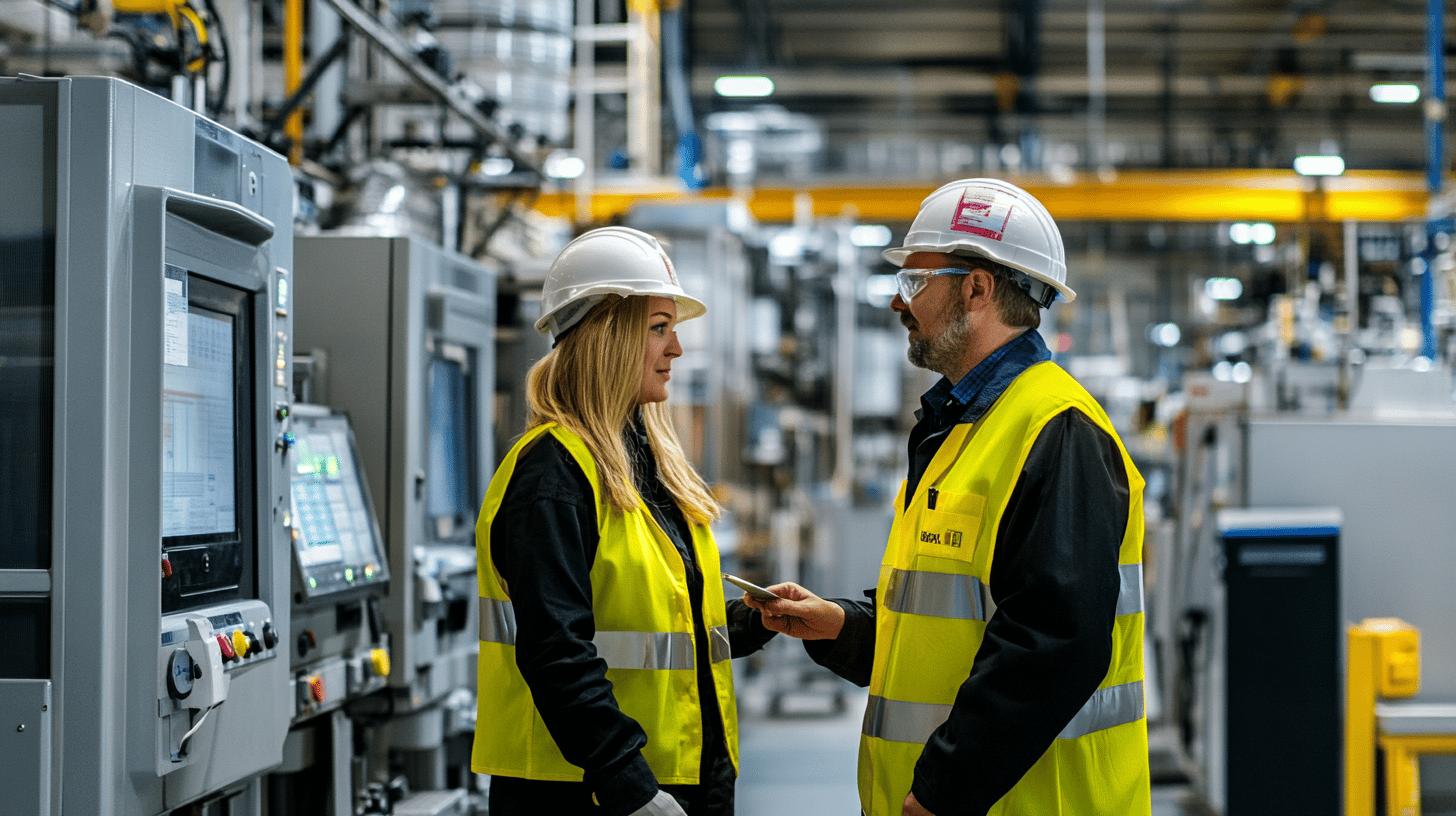 industrial workers in safety vests and hard hats discussing machinery operations in modern manufacturing facility with control panels and industrial equipment in background