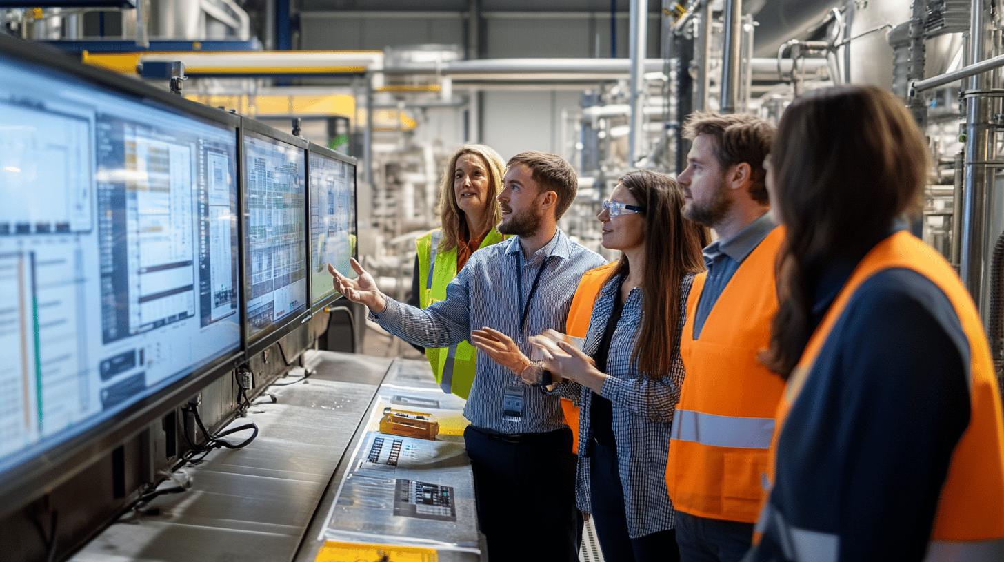 Industrial workers in safety vests analyzing data screens in modern manufacturing facility, collaborating on technical monitoring and control systems