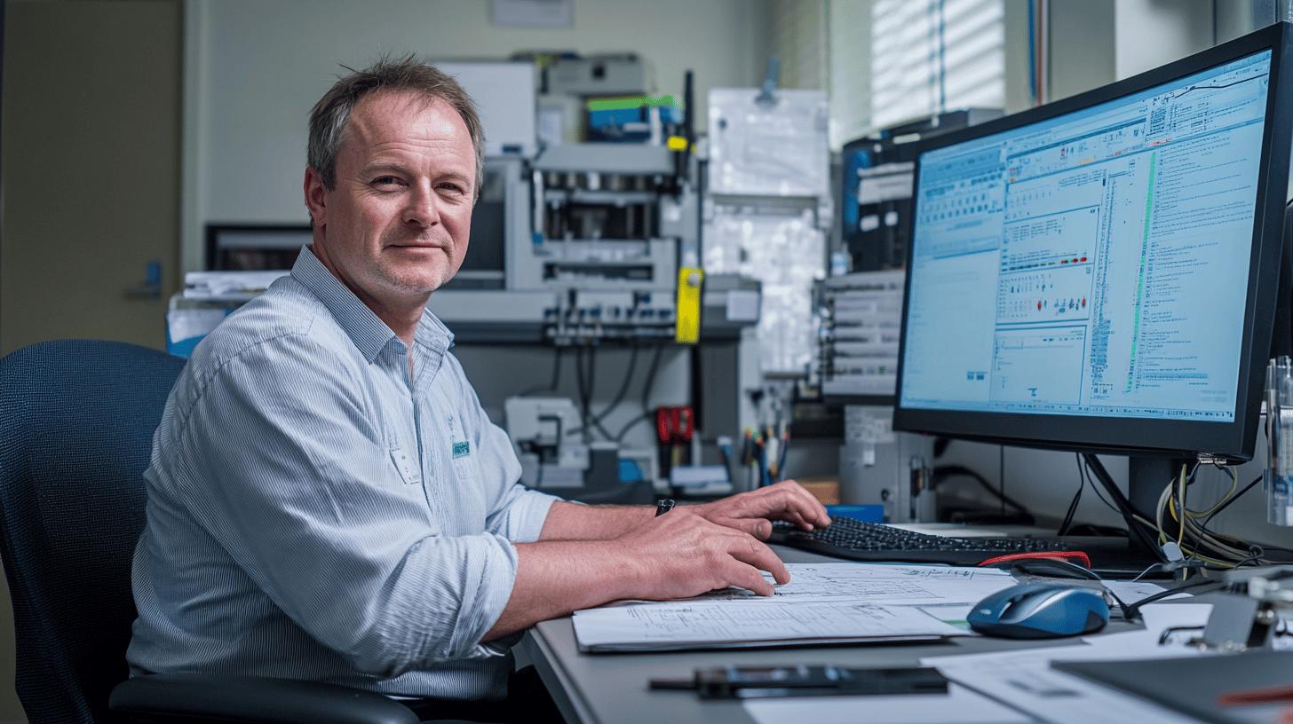 Professional engineer working at computer workstation with technical equipment and monitors in industrial office setting