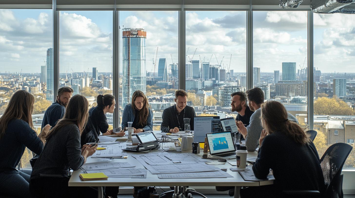 Professional team collaborating in modern office with panoramic London skyline, architectural blueprints and digital devices on conference table, showcasing urban workspace environment