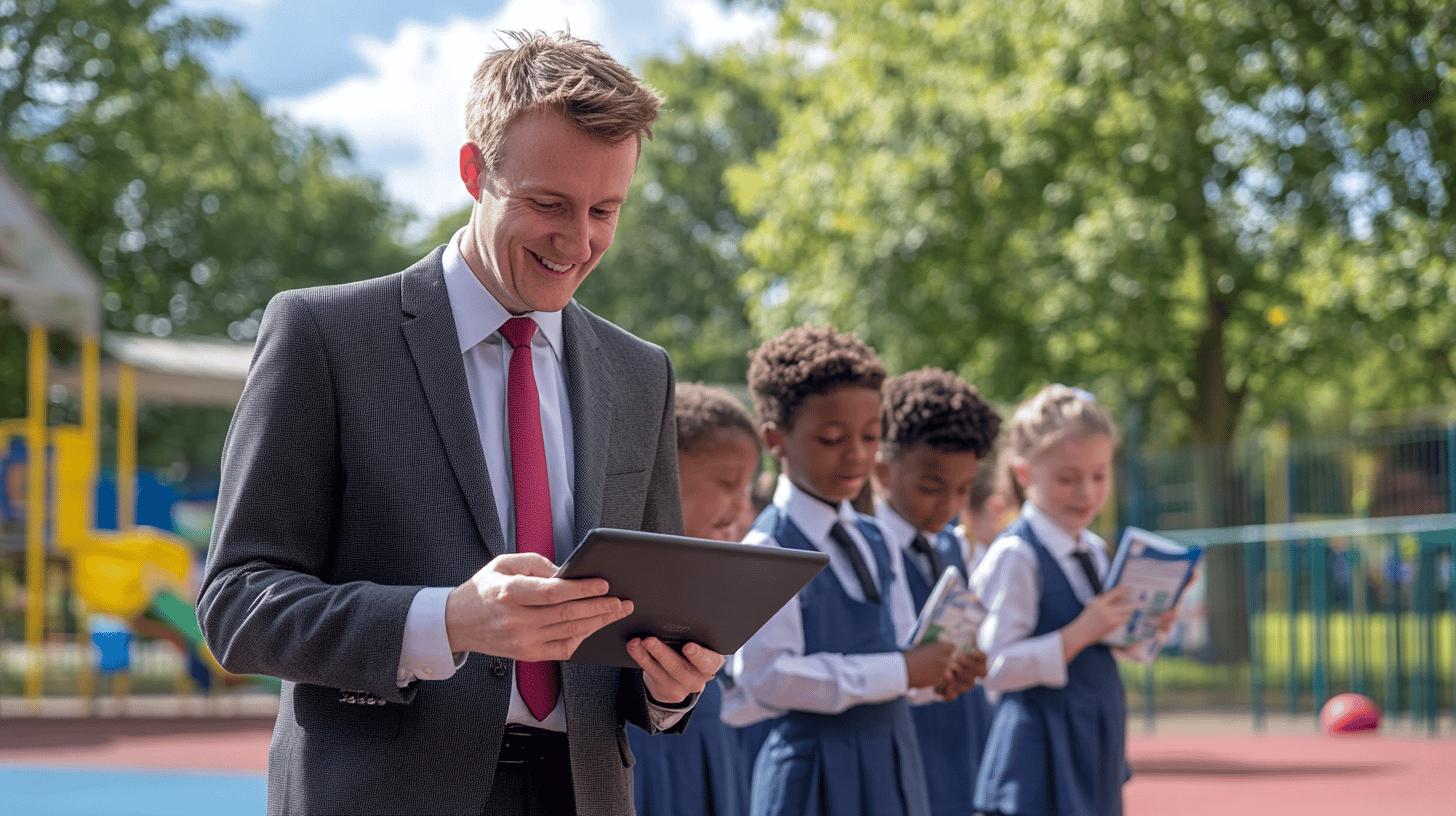School administrator in gray suit and red tie using tablet with elementary students in uniforms standing in playground, technology in education setting with diverse group of children