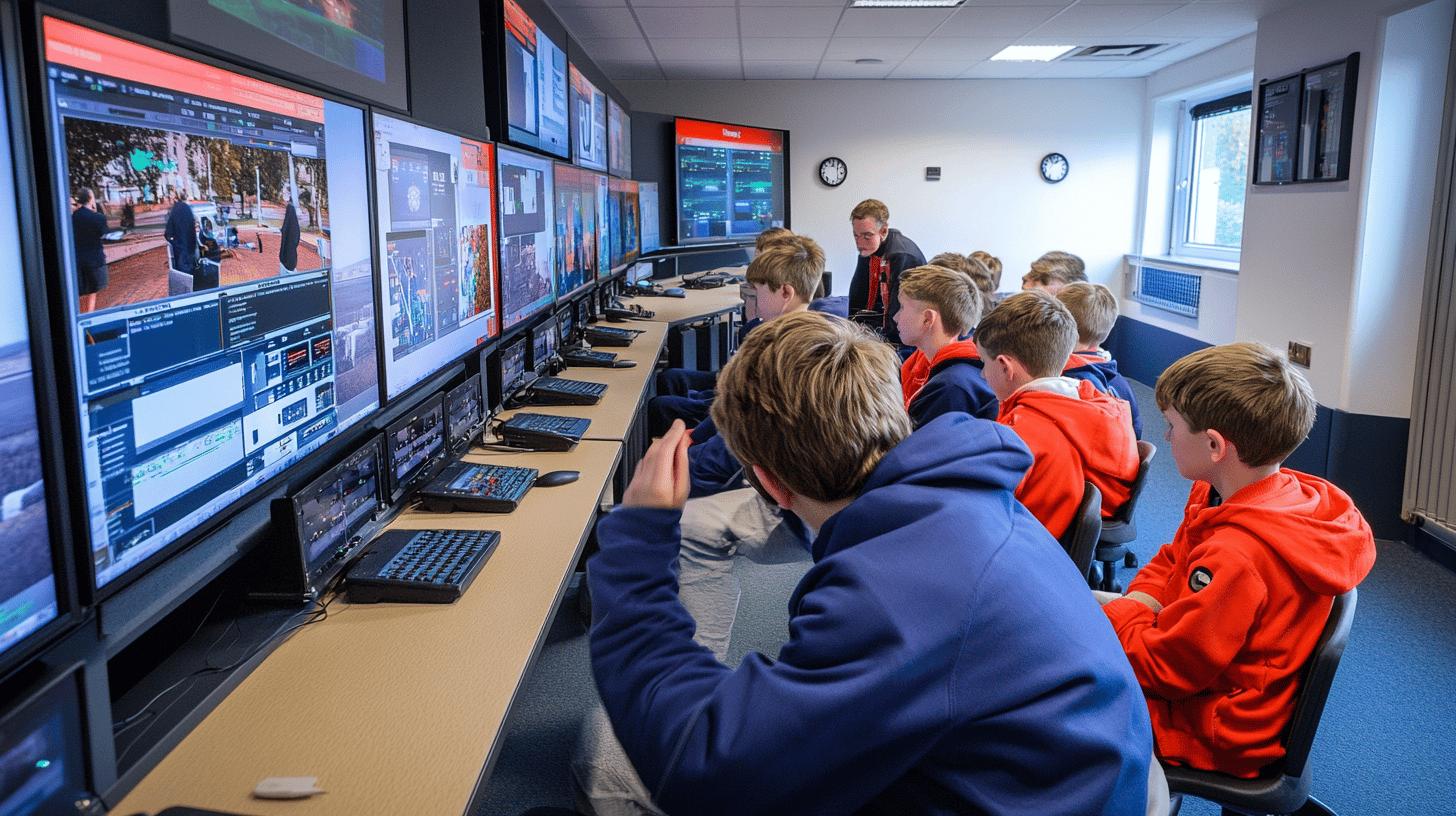 Control room with students in blue and red hoodies learning technical monitoring at multiple computer workstations with large video display screens showing various camera feeds